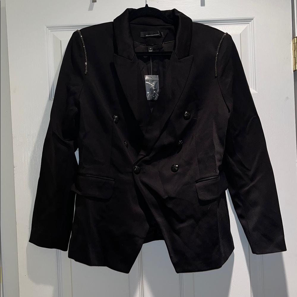 Womens Black Double-Breasted Blazer with Shimmer Detail on Shoulder